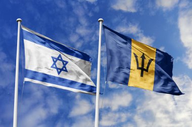 Üç boyutlu illüstrasyon. İsrail ve Barbados bayrağı gökyüzünde dalgalanıyor. Yüksek detaylı el sallama bayrağı. 3 boyutlu görüntüleme. Gökyüzünde el sallıyor. Bulutlu gökyüzünde bayraklar dalgalanıyor.