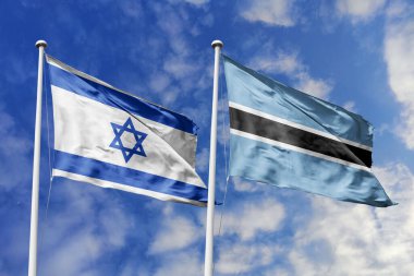 Üç boyutlu illüstrasyon. İsrail ve Botswana bayrağı gökyüzünde dalgalanıyor. Yüksek detaylı el sallama bayrağı. 3 boyutlu görüntüleme. Gökyüzünde el sallıyor. Bulutlu gökyüzünde bayraklar dalgalanıyor.