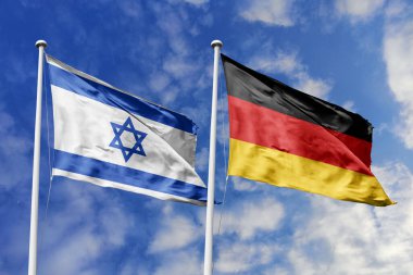 Üç boyutlu illüstrasyon. İsrail ve Almanya bayrağı gökyüzünde dalgalanıyor. Yüksek detaylı el sallama bayrağı. 3 boyutlu görüntüleme. Gökyüzünde el sallıyor. Bulutlu gökyüzünde bayraklar dalgalanıyor.