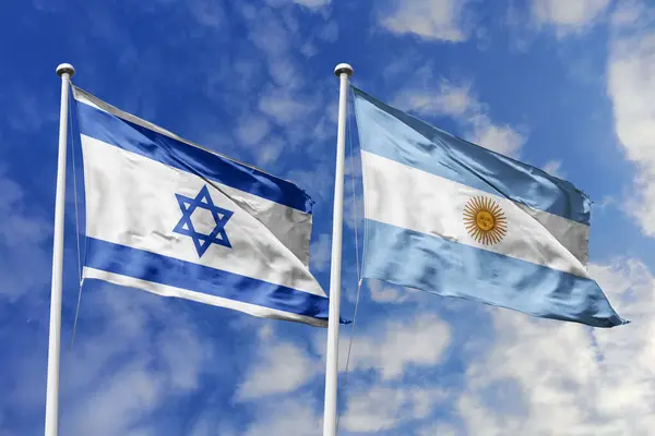 stock image 3D illustration. Israel and Argentina Flag waving in the sky. High detailed waving flag. 3D render. Waving in the sky. Flags fluttered in the cloudy sky.