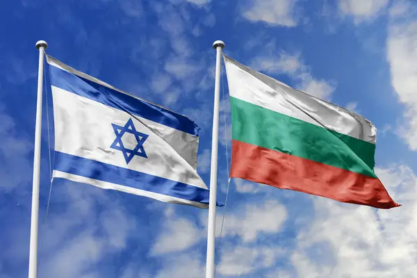 stock image 3D illustration. Israel and Bulgaria Flag waving in the sky. High detailed waving flag. 3D render. Waving in the sky. Flags fluttered in the cloudy sky.