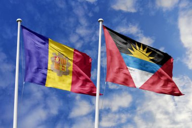 3 boyutlu illüstrasyon. Andorra, Antigua ve Barbuda bayrağı gökyüzünde dalgalanıyor. Yüksek detaylı el sallama bayrağı. 3 boyutlu görüntüleme. Gökyüzünde el sallıyor. Bulutlu gökyüzünde bayraklar dalgalanıyor.