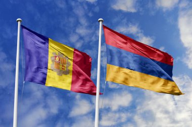 3 boyutlu illüstrasyon. Andorra ve AAAAA Bayrağı gökyüzünde dalgalanıyor. Yüksek detaylı el sallama bayrağı. 3 boyutlu görüntüleme. Gökyüzünde el sallıyor. Bulutlu gökyüzünde bayraklar dalgalanıyor.