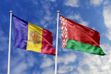 3 boyutlu illüstrasyon. Andorra ve Belarus bayrağı gökyüzünde dalgalanıyor. Yüksek detaylı el sallama bayrağı. 3 boyutlu görüntüleme. Gökyüzünde el sallıyor. Bulutlu gökyüzünde bayraklar dalgalanıyor.