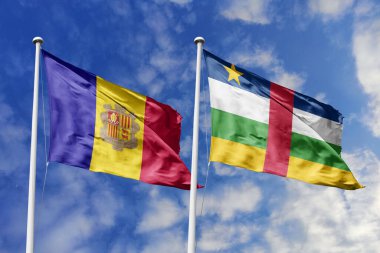 3 boyutlu illüstrasyon. Andorra ve Orta Afrika Cumhuriyeti Bayrağı gökyüzünde dalgalanıyor. Yüksek detaylı el sallama bayrağı. 3 boyutlu görüntüleme. Gökyüzünde el sallıyor. Bulutlu gökyüzünde bayraklar dalgalanıyor.