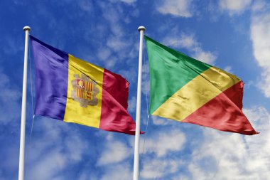 3 boyutlu illüstrasyon. Andorra ve Kongo Cumhuriyeti gökyüzünde dalgalanıyor. Yüksek detaylı el sallama bayrağı. 3 boyutlu görüntüleme. Gökyüzünde el sallıyor. Bulutlu gökyüzünde bayraklar dalgalanıyor.