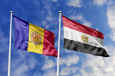 3 boyutlu illüstrasyon. Andorra ve Mısır Bayrağı gökyüzünde dalgalanıyor. Yüksek detaylı el sallama bayrağı. 3 boyutlu görüntüleme. Gökyüzünde el sallıyor. Bulutlu gökyüzünde bayraklar dalgalanıyor.