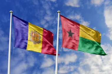 3 boyutlu illüstrasyon. Andorra ve Gine-Bissau bayrağı gökyüzünde dalgalanıyor. Yüksek detaylı el sallama bayrağı. 3 boyutlu görüntüleme. Gökyüzünde el sallıyor. Bulutlu gökyüzünde bayraklar dalgalanıyor.