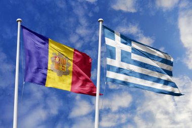 3 boyutlu illüstrasyon. Andorra ve Yunanistan Bayrağı gökyüzünde dalgalanıyor. Yüksek detaylı el sallama bayrağı. 3 boyutlu görüntüleme. Gökyüzünde el sallıyor. Bulutlu gökyüzünde bayraklar dalgalanıyor.