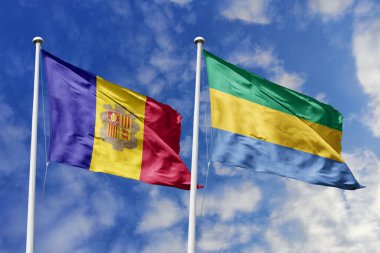3 boyutlu illüstrasyon. Andorra ve Gabon bayrağı gökyüzünde dalgalanıyor. Yüksek detaylı el sallama bayrağı. 3 boyutlu görüntüleme. Gökyüzünde el sallıyor. Bulutlu gökyüzünde bayraklar dalgalanıyor.