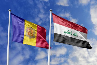 3 boyutlu illüstrasyon. Andorra ve Irak Bayrağı gökyüzünde dalgalanıyor. Yüksek detaylı el sallama bayrağı. 3 boyutlu görüntüleme. Gökyüzünde el sallıyor. Bulutlu gökyüzünde bayraklar dalgalanıyor.