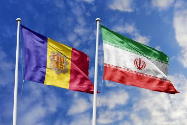 3 boyutlu illüstrasyon. Andorra ve İran Bayrağı gökyüzünde dalgalanıyor. Yüksek detaylı el sallama bayrağı. 3 boyutlu görüntüleme. Gökyüzünde el sallıyor. Bulutlu gökyüzünde bayraklar dalgalanıyor.