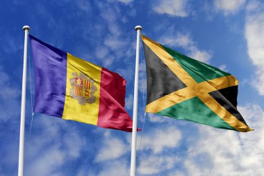 3 boyutlu illüstrasyon. Andorra ve Jamaika bayrağı gökyüzünde dalgalanıyor. Yüksek detaylı el sallama bayrağı. 3 boyutlu görüntüleme. Gökyüzünde el sallıyor. Bulutlu gökyüzünde bayraklar dalgalanıyor.