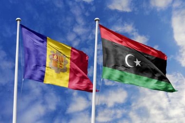 3 boyutlu illüstrasyon. Andorra ve Libya bayrağı gökyüzünde dalgalanıyor. Yüksek detaylı el sallama bayrağı. 3 boyutlu görüntüleme. Gökyüzünde el sallıyor. Bulutlu gökyüzünde bayraklar dalgalanıyor.