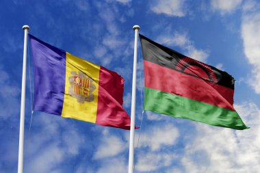 3 boyutlu illüstrasyon. Andorra ve Malawi bayrağı gökyüzünde dalgalanıyor. Yüksek detaylı el sallama bayrağı. 3 boyutlu görüntüleme. Gökyüzünde el sallıyor. Bulutlu gökyüzünde bayraklar dalgalanıyor.