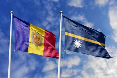 3 boyutlu illüstrasyon. Andorra ve Nauru bayrağı gökyüzünde dalgalanıyor. Yüksek detaylı el sallama bayrağı. 3 boyutlu görüntüleme. Gökyüzünde el sallıyor. Bulutlu gökyüzünde bayraklar dalgalanıyor.