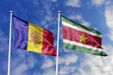 3 boyutlu illüstrasyon. Andorra ve Surinam Bayrağı gökyüzünde dalgalanıyor. Yüksek detaylı el sallama bayrağı. 3 boyutlu görüntüleme. Gökyüzünde el sallıyor. Bulutlu gökyüzünde bayraklar dalgalanıyor.