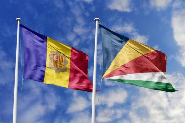 3 boyutlu illüstrasyon. Andorra ve Seyşeller Bayrağı gökyüzünde dalgalanıyor. Yüksek detaylı el sallama bayrağı. 3 boyutlu görüntüleme. Gökyüzünde el sallıyor. Bulutlu gökyüzünde bayraklar dalgalanıyor.