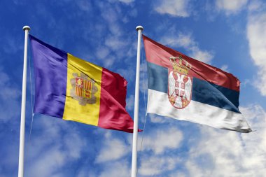 3 boyutlu illüstrasyon. Andorra ve Slovakya Bayrağı gökyüzünde dalgalanıyor. Yüksek detaylı el sallama bayrağı. 3 boyutlu görüntüleme. Gökyüzünde el sallıyor. Bulutlu gökyüzünde bayraklar dalgalanıyor.