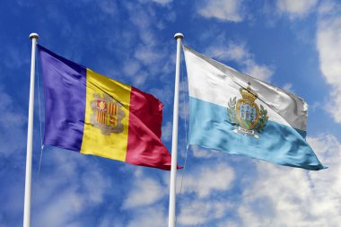 3 boyutlu illüstrasyon. Andorra ve AAAA Bayrağı gökyüzünde dalgalanıyor. Yüksek detaylı el sallama bayrağı. 3 boyutlu görüntüleme. Gökyüzünde el sallıyor. Bulutlu gökyüzünde bayraklar dalgalanıyor.