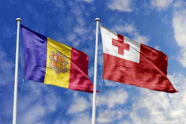 3 boyutlu illüstrasyon. Andorra ve Tonga Bayrağı gökyüzünde dalgalanıyor. Yüksek detaylı el sallama bayrağı. 3 boyutlu görüntüleme. Gökyüzünde el sallıyor. Bulutlu gökyüzünde bayraklar dalgalanıyor.