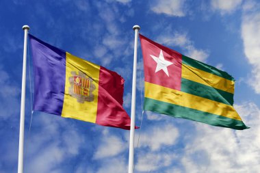 3 boyutlu illüstrasyon. Andorra ve Togo bayrağı gökyüzünde dalgalanıyor. Yüksek detaylı el sallama bayrağı. 3 boyutlu görüntüleme. Gökyüzünde el sallıyor. Bulutlu gökyüzünde bayraklar dalgalanıyor.