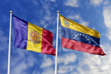 3 boyutlu illüstrasyon. Andorra ve Venezuela bayrağı gökyüzünde dalgalanıyor. Yüksek detaylı el sallama bayrağı. 3 boyutlu görüntüleme. Gökyüzünde el sallıyor. Bulutlu gökyüzünde bayraklar dalgalanıyor.