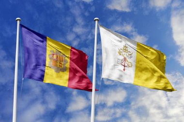 3d illustration. Andorra and Vatican City (Holy See)Flag waving in sky. High detailed waving flag. 3D render. Waving in sky. Flags fluttered in the cloudy sky.