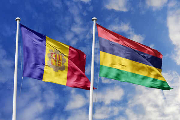 3d иллюстрация. Флаг Андорры и Маврикия, машущий в небе. Высокая детализация флага. 3D визуализация. Махал в небе. Флаги развевались в облачном небе.