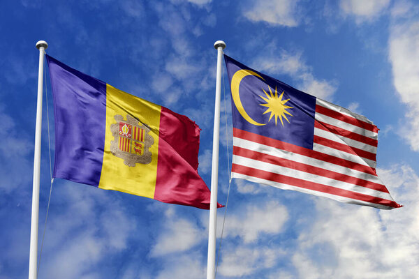 3d иллюстрация. Флаг Андорры и Малайзии, машущий в небе. Высокая детализация флага. 3D визуализация. Махал в небе. Флаги развевались в облачном небе.