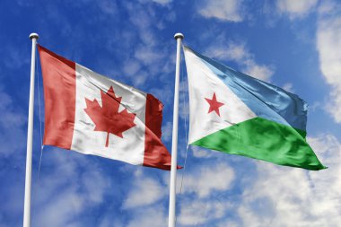 3 boyutlu illüstrasyon. Kanada ve Cibuti Bayrağı gökyüzünde dalgalanıyor. Yüksek detaylı el sallama bayrağı. 3 boyutlu görüntüleme. Gökyüzünde el sallıyor. Bulutlu gökyüzünde bayraklar dalgalanıyor.