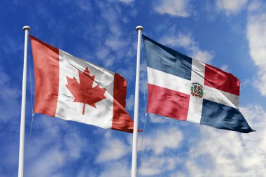 3 boyutlu illüstrasyon. Kanada ve Dominik Cumhuriyeti Bayrağı gökyüzünde dalgalanıyor. Yüksek detaylı el sallama bayrağı. 3 boyutlu görüntüleme. Gökyüzünde el sallıyor. Bulutlu gökyüzünde bayraklar dalgalanıyor.