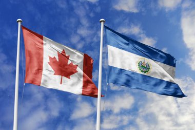 3 boyutlu illüstrasyon. Kanada ve El Salvador bayrağı gökyüzünde dalgalanıyor. Yüksek detaylı el sallama bayrağı. 3 boyutlu görüntüleme. Gökyüzünde el sallıyor. Bulutlu gökyüzünde bayraklar dalgalanıyor.
