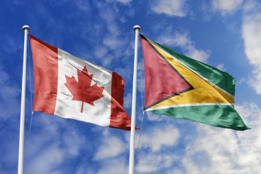 3 boyutlu illüstrasyon. Kanada ve Guyana bayrağı gökyüzünde dalgalanıyor. Yüksek detaylı el sallama bayrağı. 3 boyutlu görüntüleme. Gökyüzünde el sallıyor. Bulutlu gökyüzünde bayraklar dalgalanıyor.