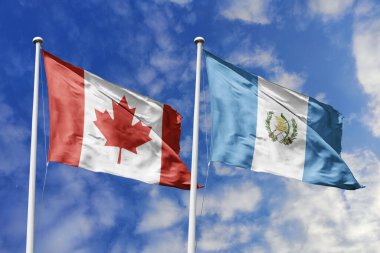 3 boyutlu illüstrasyon. Kanada ve Guatemala bayrağı gökyüzünde dalgalanıyor. Yüksek detaylı el sallama bayrağı. 3 boyutlu görüntüleme. Gökyüzünde el sallıyor. Bulutlu gökyüzünde bayraklar dalgalanıyor.