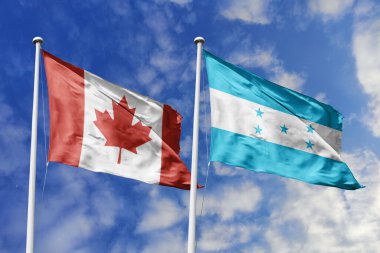 3 boyutlu illüstrasyon. Kanada ve Honduras bayrağı gökyüzünde dalgalanıyor. Yüksek detaylı el sallama bayrağı. 3 boyutlu görüntüleme. Gökyüzünde el sallıyor. Bulutlu gökyüzünde bayraklar dalgalanıyor.
