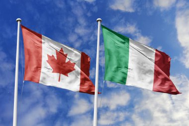 3 boyutlu illüstrasyon. Kanada ve İtalya bayrağı gökyüzünde dalgalanıyor. Yüksek detaylı el sallama bayrağı. 3 boyutlu görüntüleme. Gökyüzünde el sallıyor. Bulutlu gökyüzünde bayraklar dalgalanıyor.