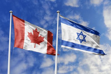 3 boyutlu illüstrasyon. Kanada ve İsrail bayrağı gökyüzünde dalgalanıyor. Yüksek detaylı el sallama bayrağı. 3 boyutlu görüntüleme. Gökyüzünde el sallıyor. Bulutlu gökyüzünde bayraklar dalgalanıyor.