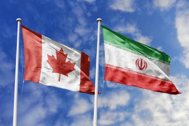 3 boyutlu illüstrasyon. Kanada ve İran Bayrağı gökyüzünde dalgalanıyor. Yüksek detaylı el sallama bayrağı. 3 boyutlu görüntüleme. Gökyüzünde el sallıyor. Bulutlu gökyüzünde bayraklar dalgalanıyor.