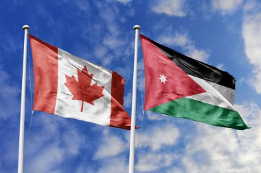 3 boyutlu illüstrasyon. Kanada ve Ürdün Bayrağı gökyüzünde dalgalanıyor. Yüksek detaylı el sallama bayrağı. 3 boyutlu görüntüleme. Gökyüzünde el sallıyor. Bulutlu gökyüzünde bayraklar dalgalanıyor.