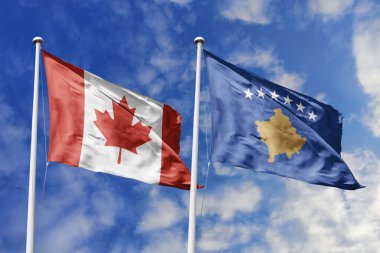 3 boyutlu illüstrasyon. Kanada ve Kosova Bayrağı gökyüzünde dalgalanıyor. Yüksek detaylı el sallama bayrağı. 3 boyutlu görüntüleme. Gökyüzünde el sallıyor. Bulutlu gökyüzünde bayraklar dalgalanıyor.