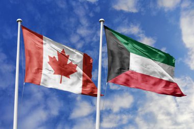 3 boyutlu illüstrasyon. Kanada ve Kuveyt bayrağı gökyüzünde dalgalanıyor. Yüksek detaylı el sallama bayrağı. 3 boyutlu görüntüleme. Gökyüzünde el sallıyor. Bulutlu gökyüzünde bayraklar dalgalanıyor.