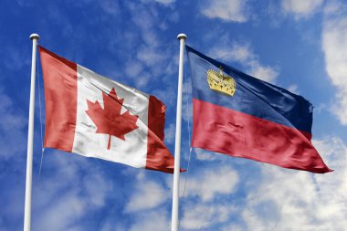 3 boyutlu illüstrasyon. Kanada ve Liechtenstein Bayrağı gökyüzünde dalgalanıyor. Yüksek detaylı el sallama bayrağı. 3 boyutlu görüntüleme. Gökyüzünde el sallıyor. Bulutlu gökyüzünde bayraklar dalgalanıyor.