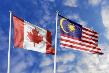 3 boyutlu illüstrasyon. Kanada ve Malezya bayrağı gökyüzünde dalgalanıyor. Yüksek detaylı el sallama bayrağı. 3 boyutlu görüntüleme. Gökyüzünde el sallıyor. Bulutlu gökyüzünde bayraklar dalgalanıyor.