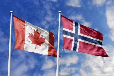3 boyutlu illüstrasyon. Kanada ve Norveç Bayrağı gökyüzünde sallanıyor. Yüksek detaylı el sallama bayrağı. 3 boyutlu görüntüleme. Gökyüzünde el sallıyor. Bulutlu gökyüzünde bayraklar dalgalanıyor.