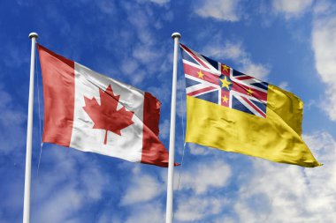 3 boyutlu illüstrasyon. Kanada ve Niue Bayrağı gökyüzünde dalgalanıyor. Yüksek detaylı el sallama bayrağı. 3 boyutlu görüntüleme. Gökyüzünde el sallıyor. Bulutlu gökyüzünde bayraklar dalgalanıyor.