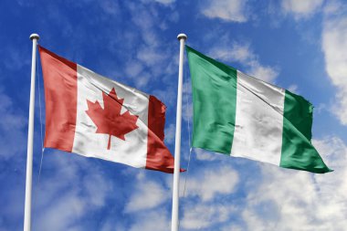 3 boyutlu illüstrasyon. Kanada ve Nijerya bayrağı gökyüzünde dalgalanıyor. Yüksek detaylı el sallama bayrağı. 3 boyutlu görüntüleme. Gökyüzünde el sallıyor. Bulutlu gökyüzünde bayraklar dalgalanıyor.