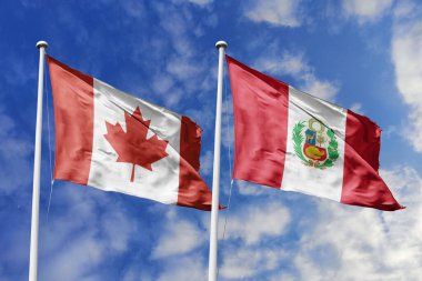 3 boyutlu illüstrasyon. Kanada ve Peru bayrağı gökyüzünde dalgalanıyor. Yüksek detaylı el sallama bayrağı. 3 boyutlu görüntüleme. Gökyüzünde el sallıyor. Bulutlu gökyüzünde bayraklar dalgalanıyor.