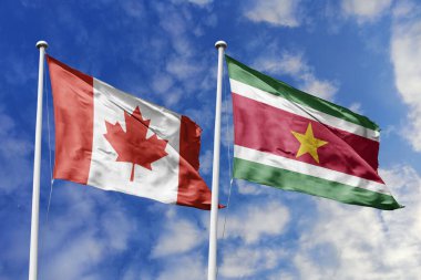 3 boyutlu illüstrasyon. Kanada ve Surinam Bayrağı gökyüzünde dalgalanıyor. Yüksek detaylı el sallama bayrağı. 3 boyutlu görüntüleme. Gökyüzünde el sallıyor. Bulutlu gökyüzünde bayraklar dalgalanıyor.