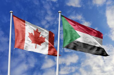 3 boyutlu illüstrasyon. Kanada ve Sudan Bayrağı gökyüzünde dalgalanıyor. Yüksek detaylı el sallama bayrağı. 3 boyutlu görüntüleme. Gökyüzünde el sallıyor. Bulutlu gökyüzünde bayraklar dalgalanıyor.